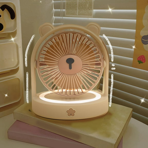 Cute Bear Tabletop Fan with Night Light, Quiet Personal Air Circulator Fan, 3 Speeds & 90° Pivoting Head, Small Desk Fan for Home, Office & School, Gift for Women
