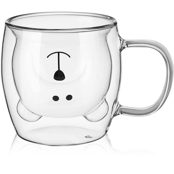 Cute Bear Tea Cup Double Wall Glass Milk Coffee Bear Mug with Handle Insulated Espresso Beer Cup Cute Birthday Present for Women Men Valentine's Day, 250 ml/ 8.4 oz (White)