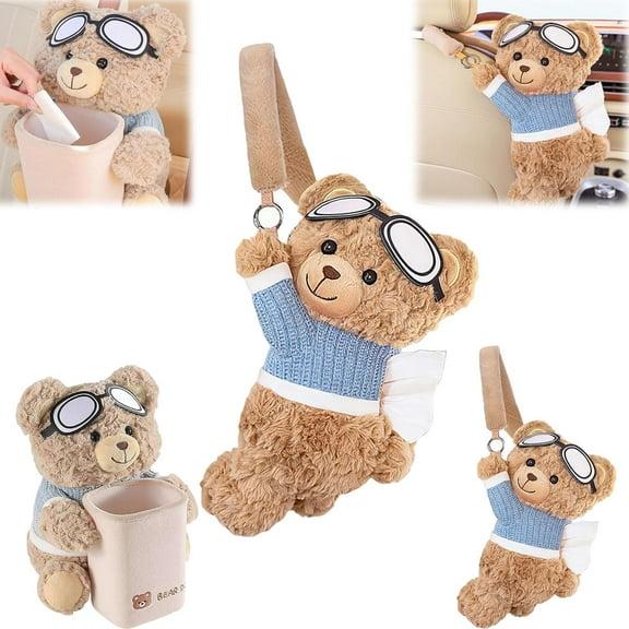 Cute Bear Tissue Holder and Trash Can, Creative Animal Car Tissue Holder, 2 in 1 Car Tissue Box and Trash Can, Multifunctional Animal Paper Box for Car and Home, Soft Plush Car Tissue Box