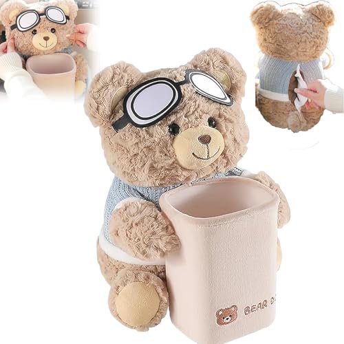 Cute Bear Tissue Holder and Trash Can, Soft Plush Car Tissue Box, 2 in 1 Automotive Storage Box, Cartoon Garbage Can, Multifunctional Animal Paper Box for Car and Home