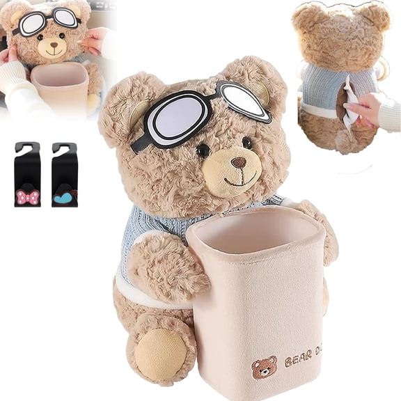 Cute Bear Tissue Holder and Trash Can, Soft Plush Car Tissue Box, 2 in 1 Automotive Storage Box, Cartoon Garbage Can, Multifunctional Animal Paper Box for Car and Home