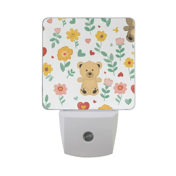 Cute Bear Toy and Flower Night Light 2 Pack LED Nightlight Plug into Wall Dusk to Dawn Sensor Soft White