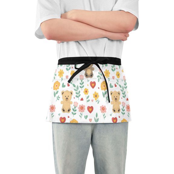 Cute Bear Toy and Flower Server Apron with 3 Pockets Waterproof Waitress Waist Short Apron for Man Woman 12 Inches