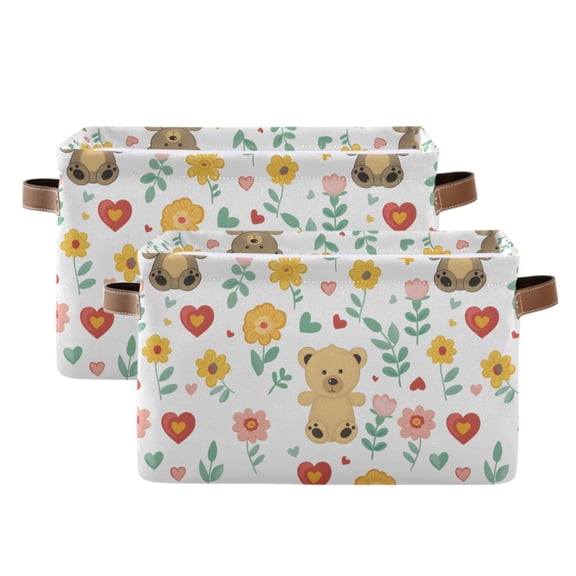 Cute Bear Toy and Flower Storage Bins with Handle Fabric Organizer Basket Foldable Box 2 Pack 14.2x10.2x8.3
