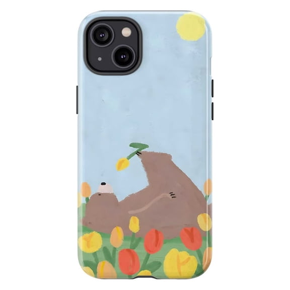 Cute Bear Tulip Phone Case, Aesthetic Blue Sky Spring Flower Garden Nature Cover for iPhone 17 16 15 14 13 12 11 Plus Pro Max Mini