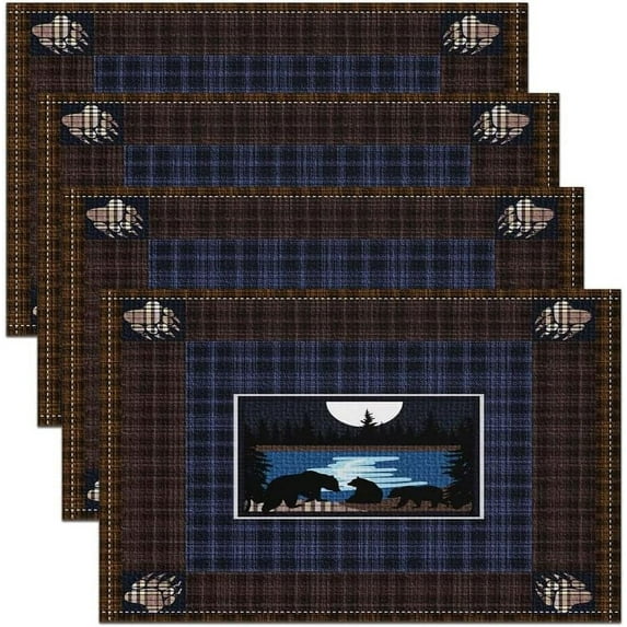 Cute Bear Washable Fabric Decoration Table Mats Placemat Wild Animal Table Place Mats Decor Galaxy Forest Wildlife Bear Placemats Farmhouse Blue Theme Table Mats for Kitchen Decor 18"x12"