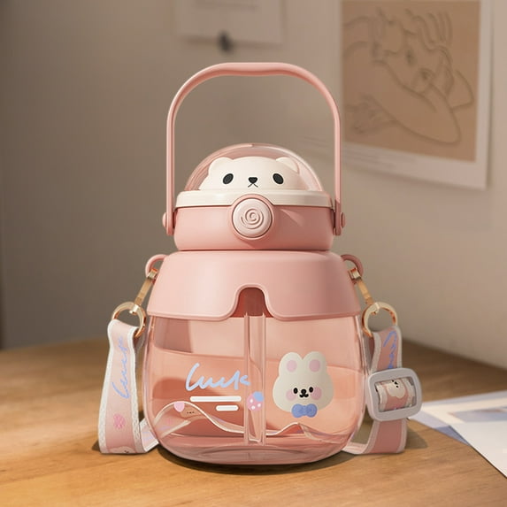 Cute Bear Water Bottle 850ml Large Capacity Leak Proof Plastic Tumbler with Straw and Handle for School Travel Outdoor Sports Hydration