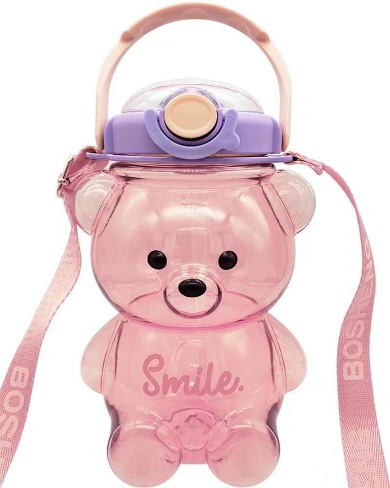 Cute Bear Water Bottle with Straw and Strap, Bear Water Bottle for Kids ...