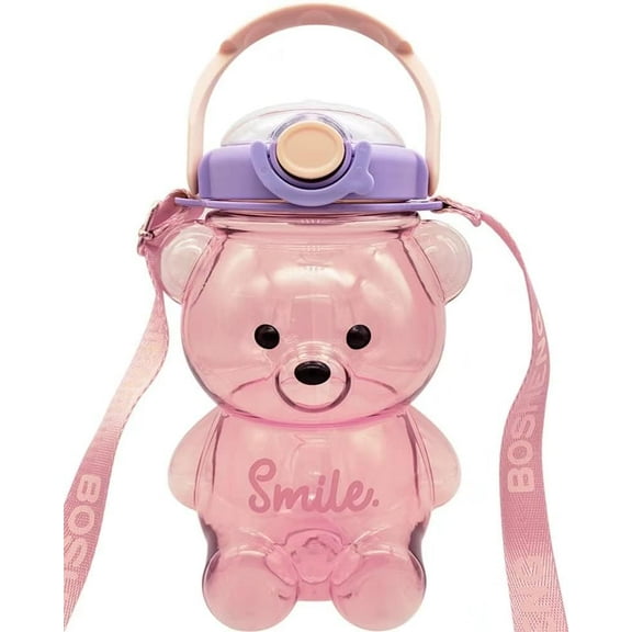 Cute Bear Water Bottle with Straw and Strap, Bear Water Bottle for Kids, Portable Leakproof BPA-free Drinking Cups for Girls Women Camping Picnic Hiking Travel
