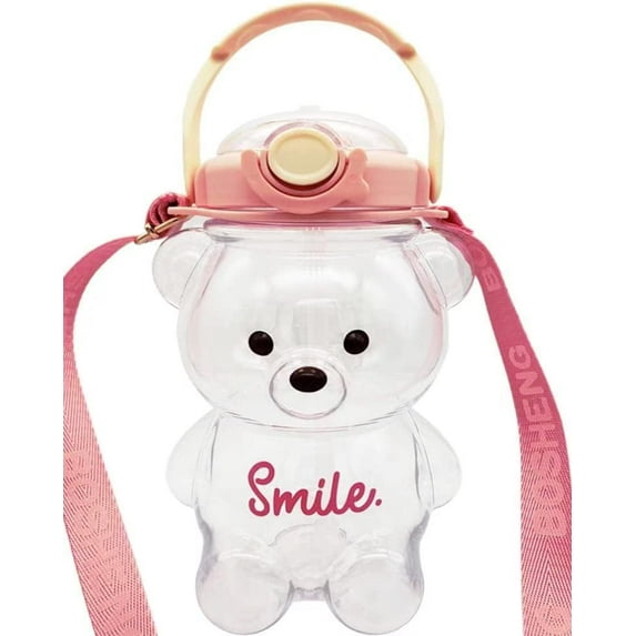 Cute Bear Water Bottle with Straw and Strap, Bear Water Bottle for Kids, Portable Leakproof BPA-free Drinking Cups for Girls Women Camping Picnic Hiking Travel