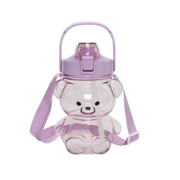 Cute Bear Water Bottle with Straw & Strap 47 oz, Plastic Leak-Proof Portable Cup for Outdoor, Travel & Daily Hydration