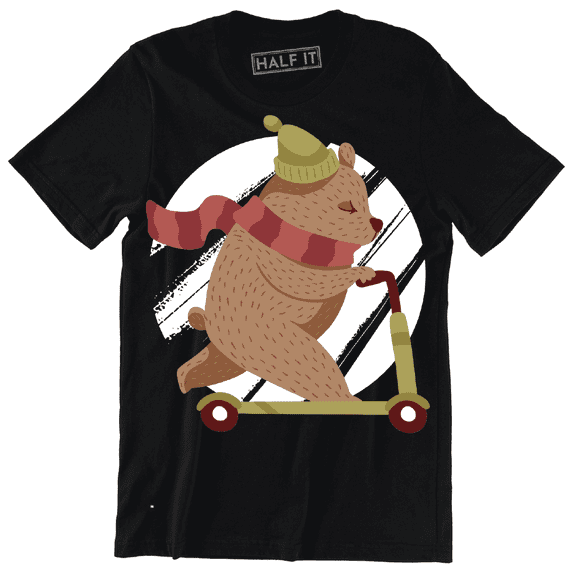 Cute Bear Wearing Hat, A Scarf And Riding Scooter Funny Animal T-Shirt