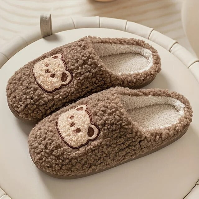 Cute Bear Winter Plush Slippers Closed Toe Slip On Flat House Shoes ...