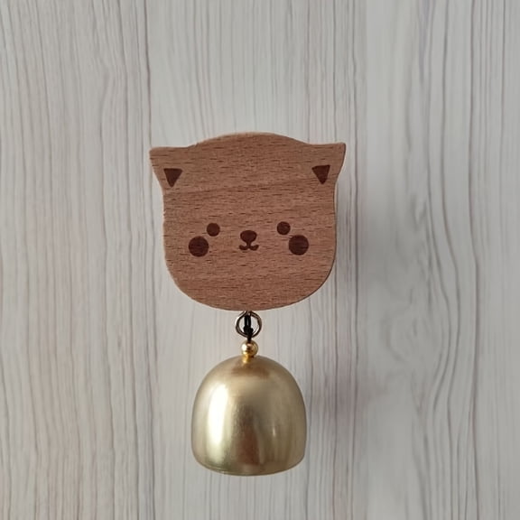 Cute Bear Wooden Door Bell with Brass Bell, Cartoon Animal Hanging Chime for Home Bedroom Shop Entrance, 2.36 x 3.18 Inch, Novelty Gif