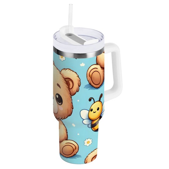 Cute Bear and Bee 40 oz Tumbler with Handle and Straw Lid Vacuum Insulated Cup Leak-Proof for Water Iced Tea Coffee
