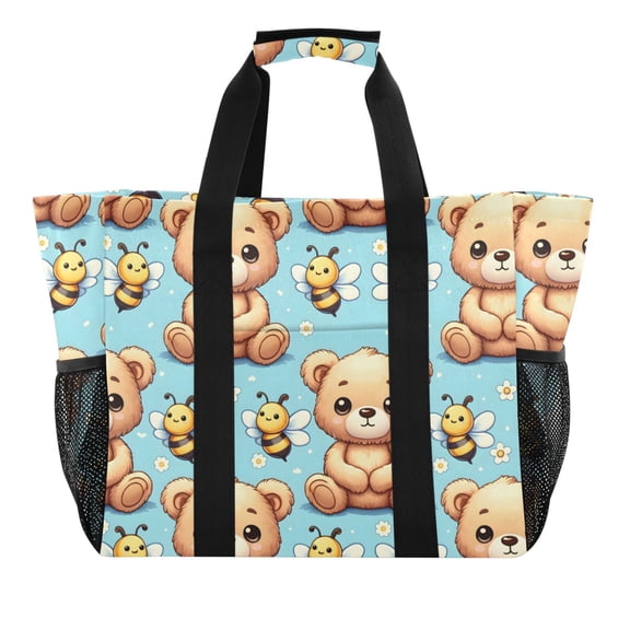 Cute Bear and Bee Reusable Grocery Bags with Handle Side Pocket Waterproof Shopping Portable Tote