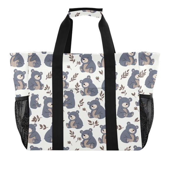 Cute Bear and Leaf Reusable Grocery Bags with Handle Side Pocket Waterproof Shopping Portable Tote