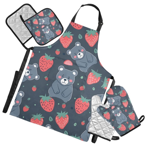 Cute Bear and Strawberry 5 Pcs Kitchen Set Heat Resistant Oven Mitts and Non-Slip Pot Holders with Adjustable Cooking Apron