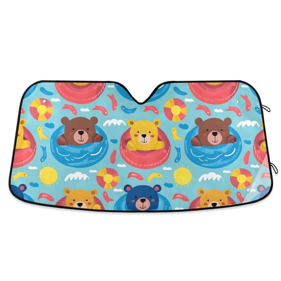 Cute Bear and Swimming Circle Car Windshield Sun Shade Foldable Car Front Window Visor Heat and UV Protection 53x23.5