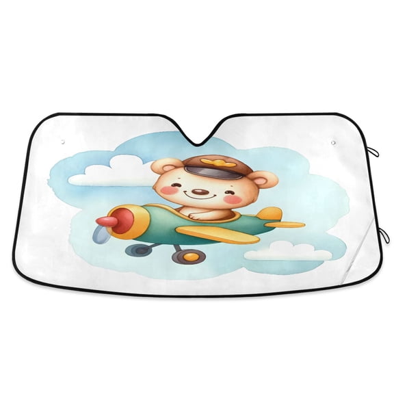 Cute Bear in Airplane Car Windshield Sun Shade Foldable Car Front Window Visor Heat and UV Protection 53x23.5