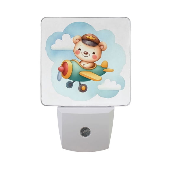 Cute Bear in Airplane Night Light 2 Pack LED Nightlight Plug into Wall Dusk to Dawn Sensor Soft White