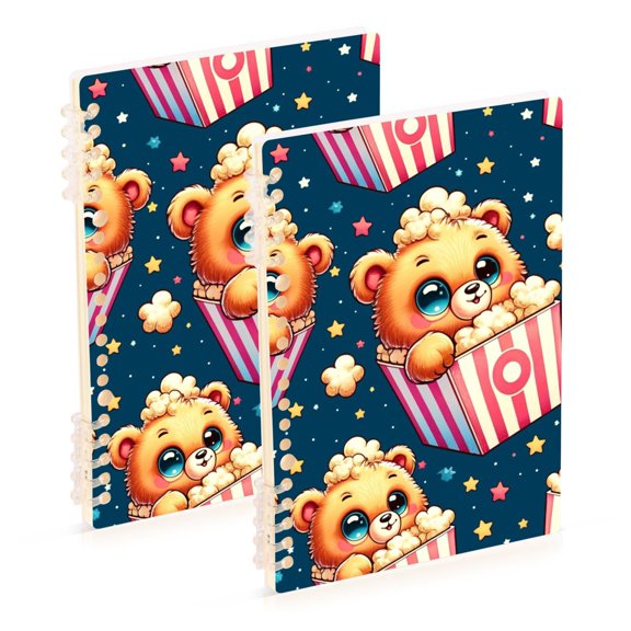 Cute Bear in Popcorn Notebooks 2 Pcs 1-subject Journal 60 Sheets A5 College Ruled Paper Detachable Ring 8.3"x5.7"