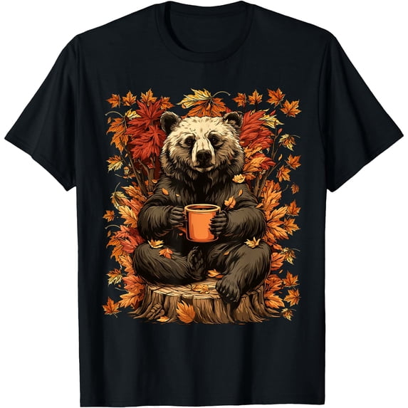 Cute Bear with Coffee and Autumn Leaves Fall Foliage Graphic T-Shirt ...