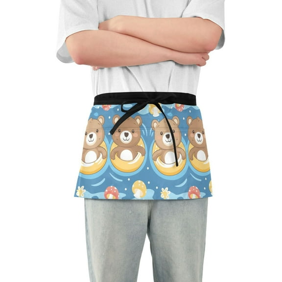 Cute Bear with Mushroom Server Apron with 3 Pockets Waterproof Waitress Waist Short Apron for Man Woman 12 Inches