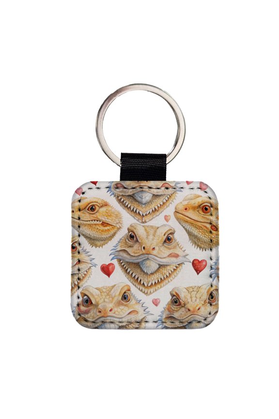Cute Bearded Dragon Faces Hearts Faux Leather Square Keychain