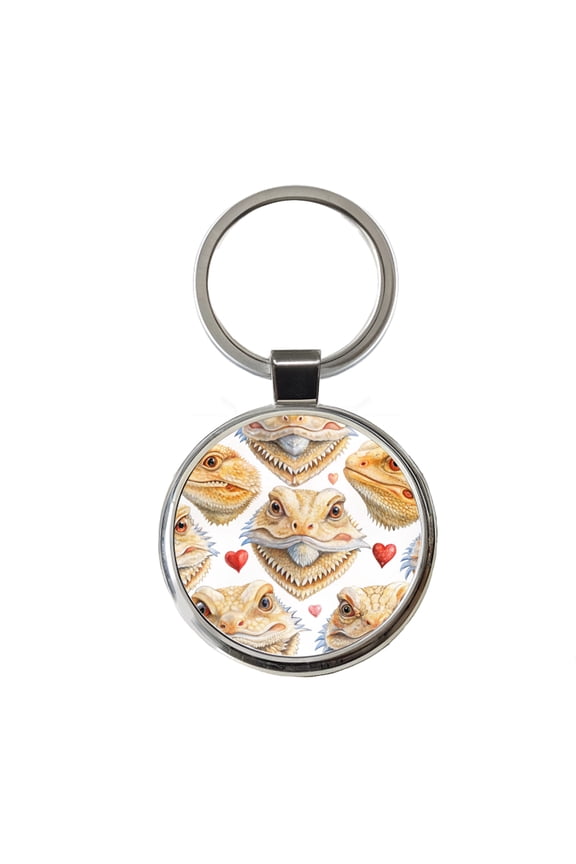 Cute Bearded Dragon Faces Hearts Metal Round Keychain