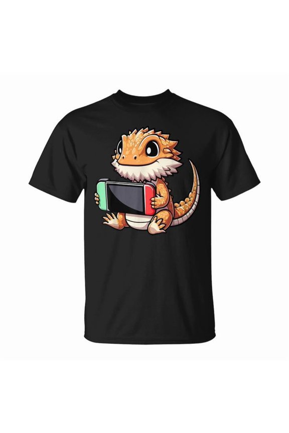 Cute Bearded Dragon Playing Video Games Graphic Tee Unisex Adult Cotton Shirt for Gamer Reptile Lovers, Fun Casual Outfit, Unique Gift Idea for Game Nights, Size 5XL, Color Black