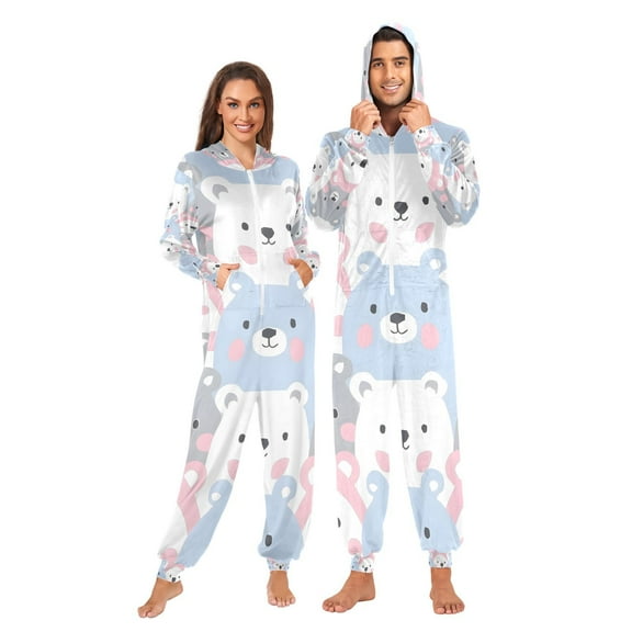 Cute Bears Adult Onesie Pajamas Slim Fit Christmas One Piece Suit Pjs for Women and Men Hooded Zipper