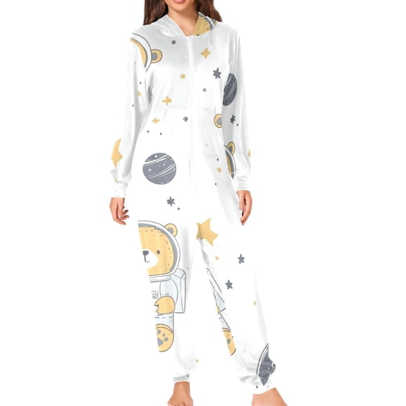 Cute Bears Astronaut Planets Stars Adult's Hoodie Onesie Jumpsuit One-Piece Pajamas with Zipper Unisex for Holiday M