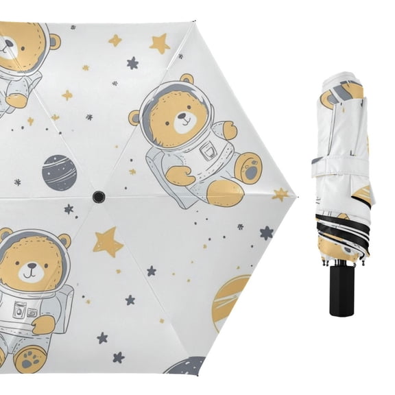 Cute Bears Astronaut Planets Stars All Weather Umbrella Triple Folding Parasol 6 Ribs UV Protection Portable