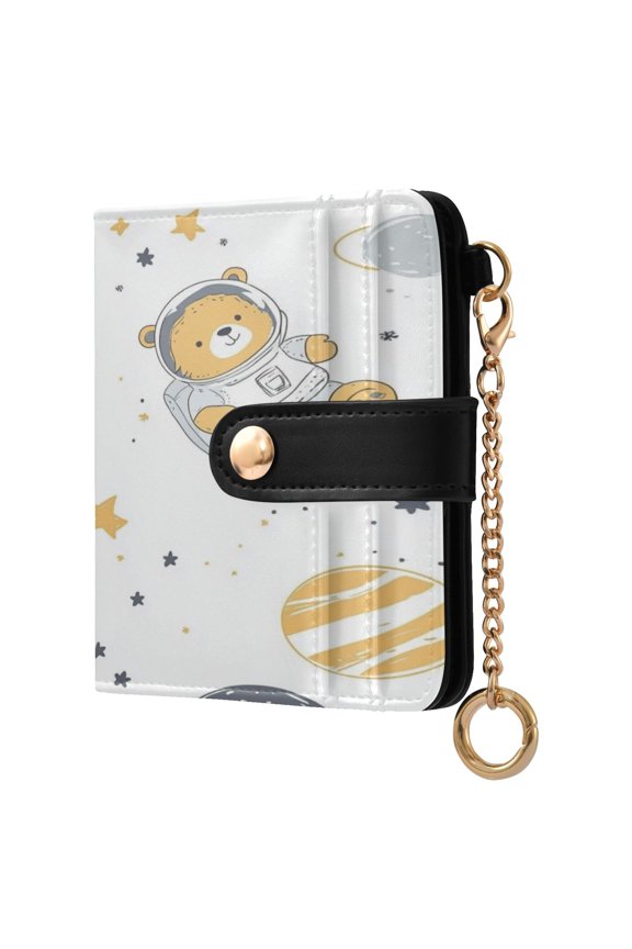 Cute Bears Astronaut Planets Stars Women's Wallet PU Leather Card Cases RFID Blocking Purse Billfold with Key Ring