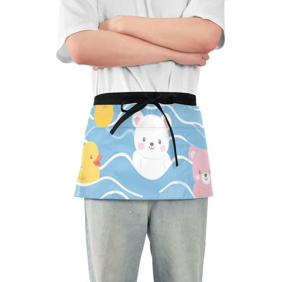 Cute Bears Duckies Dots Short Server Apron with 3 Pockets for Unisex Chef Gardening