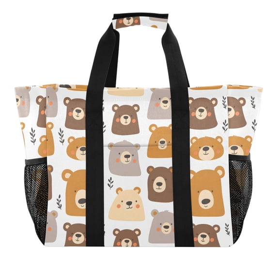 Cute Bears Face and Leaf Reusable Grocery Bags with Handle Side Pocket Waterproof Shopping Portable Tote