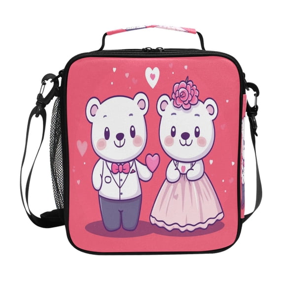 Cute Bears Get Married Valentine Insulated Lunch Bag Reusable Lunch Box Lunch Container with Straps