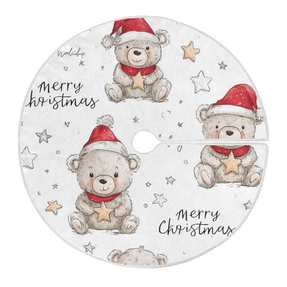 Cute Bears Holding Stars Merry Christmas Christmas Tree Skirt Opening Design Floor Mat Holiday Decor 35 inch