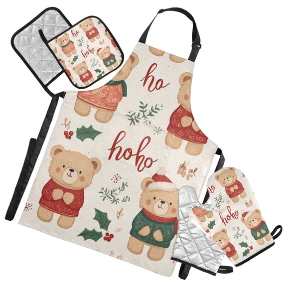 Cute Bears Holly Leaves Christmas Theme Apron Set with Oven Mitts Pot Holders Set of 5 Kitchen Stuff Accessories