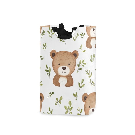 Cute Bears Leaves Watercolor Laundry Basket with Handles Foldable Laundry Hamper Freestanding Washing Bin 50L