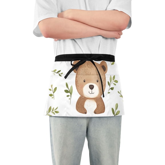 Cute Bears Leaves Watercolor Short Server Apron with 3 Pockets for Unisex Chef Gardening