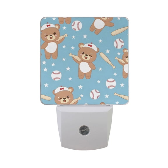 Cute Bears Play Baseball Night Light 2 Pack LED Nightlight Plug into Wall Dusk to Dawn Sensor Soft White