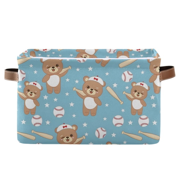 Cute Bears Play Baseball Storage Bins with Handle Fabric Organizer Basket Foldable Box 1 Pack 14.2x10.2x8.3