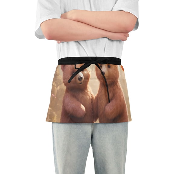 Cute Bears Waist Apron Adjustable Server Half Apron Kitchen Cooking with 3 Pockets for Men Women