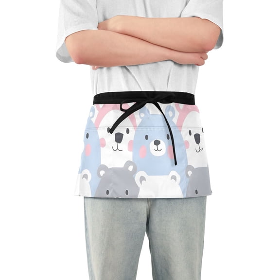 Cute Bears Waist Apron Adjustable Server Half Apron Kitchen Cooking with 3 Pockets for Men Women