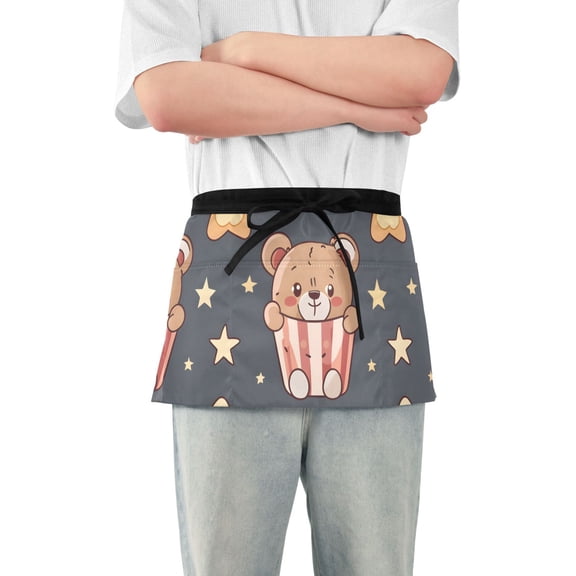 Cute Bears in Boxes Stars Short Server Apron with 3 Pockets for Unisex Chef Gardening
