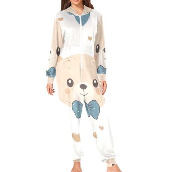 Cute Bears with Bowknots Hearts Adult's Hoodie Onesie Jumpsuit One-Piece Pajamas with Zipper Unisex for Holiday S