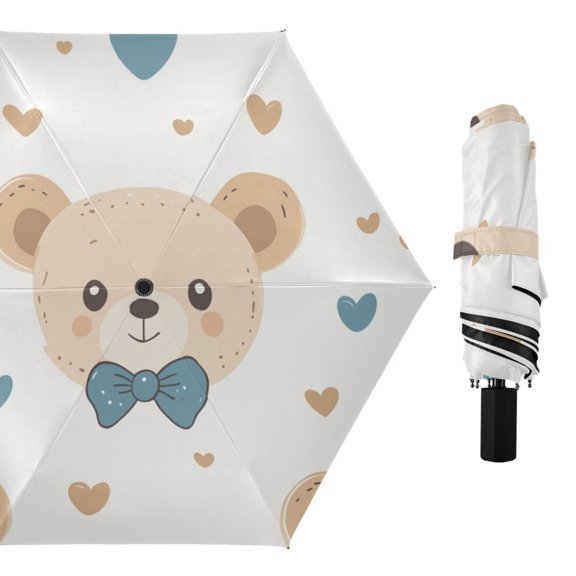Cute Bears with Bowknots Hearts All Weather Umbrella Triple Folding Parasol 6 Ribs UV Protection Portable