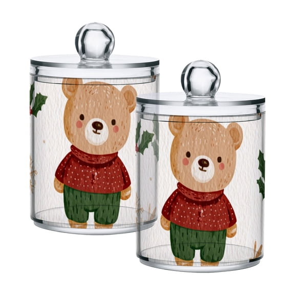 Cute Bears with Christmas Sweaters Leaves Translucent Plastic Cans Storage Canisters with Lid Set of 2